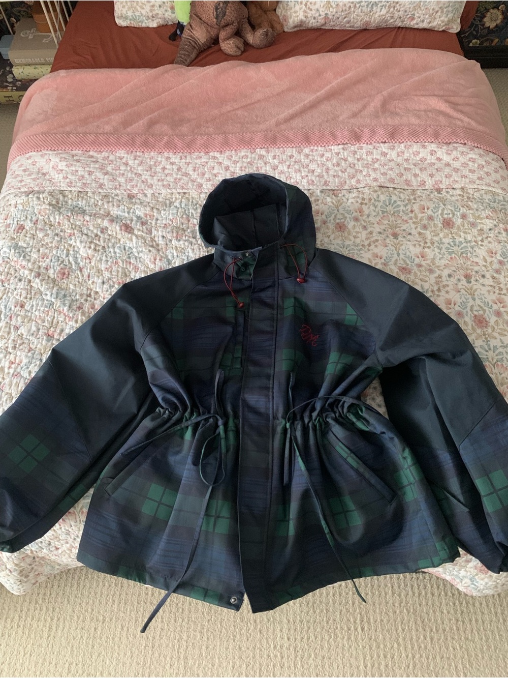 Girls' Hooded Plaid Windbreaker Jacket - Navy & Green
